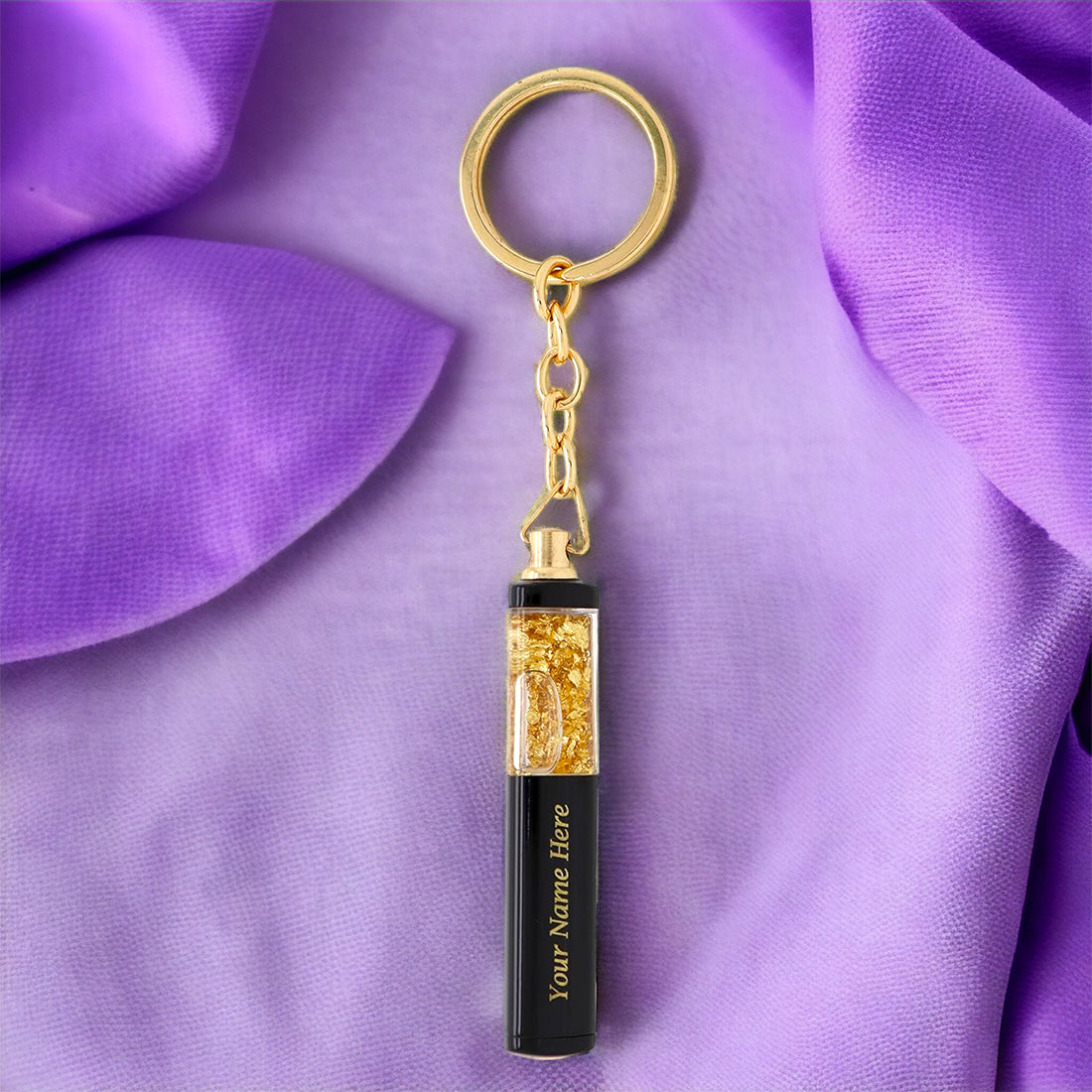 PERSONALISED GOLD FLAKE KEYCHAIN - BLACK