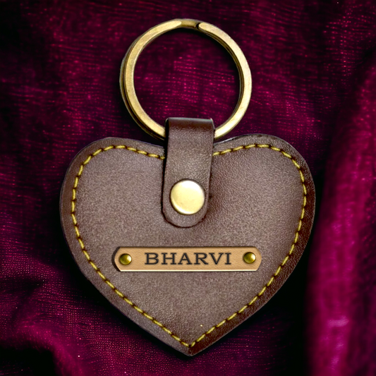 PERSONALISED STYLISH HEART KEYCHAIN - BROWN