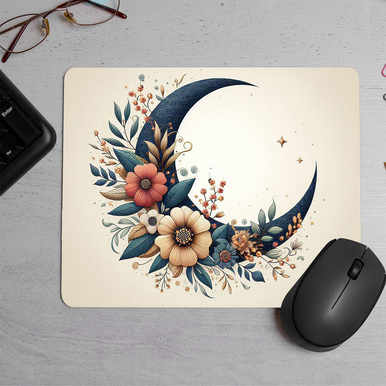 Romantic Vintage Moon And Flowers Printed Mouse Pad (DESIGN-158)