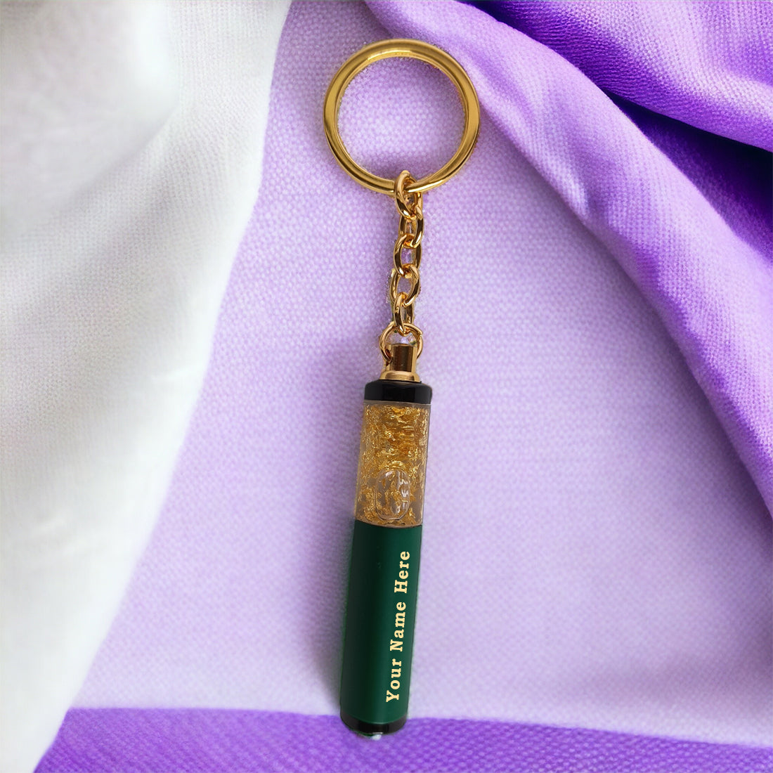 PERSONALISED GOLD FLAKE KEYCHAIN - OLIVE