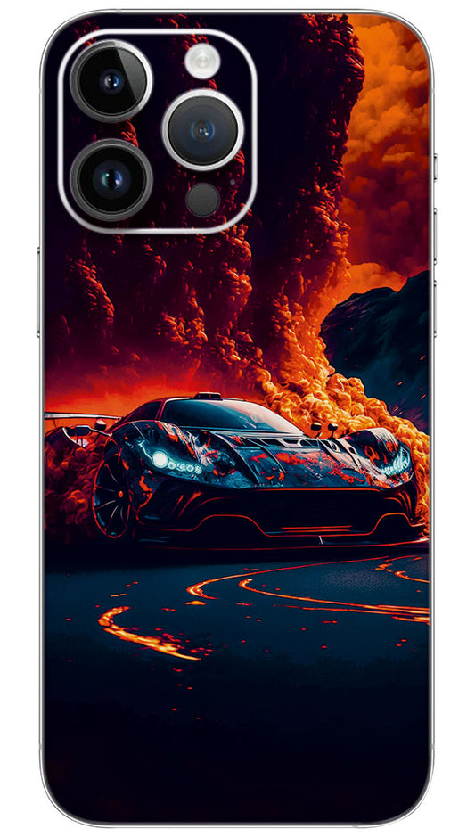 A fireball car is burning on a black  Mobile Skin Wrap  - VEH0087